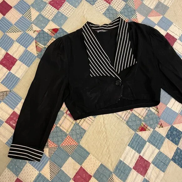 Vintage 1950 Black White Bolero Crop Top Vamp Rockabilly Sexy Short Blouse Small - Picture 7 of 14